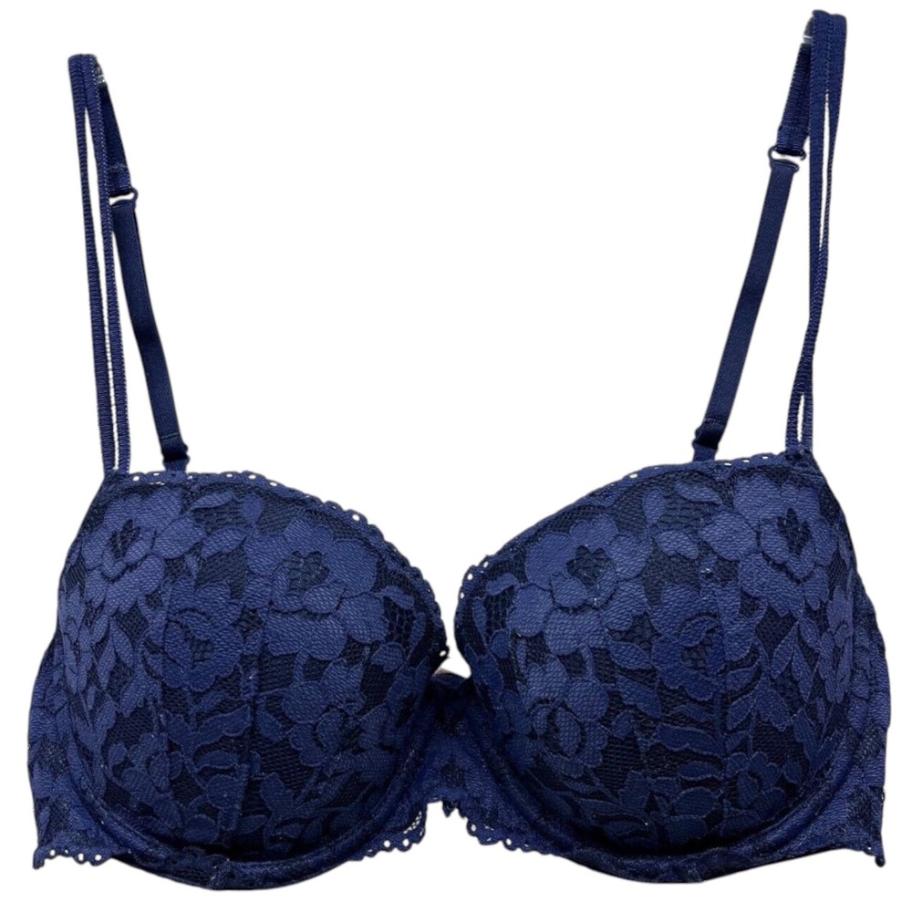 Victoria's Secret PINK Date Push-Up Bra‎ Womens 34D Navy Blue Lace Underwire